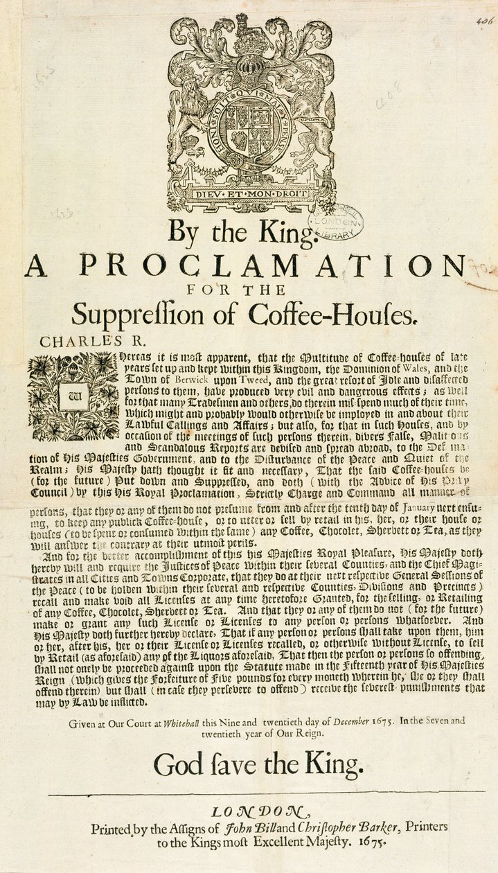 Proclamação do Rei para a Supressão de Cafés, 1675 de English School