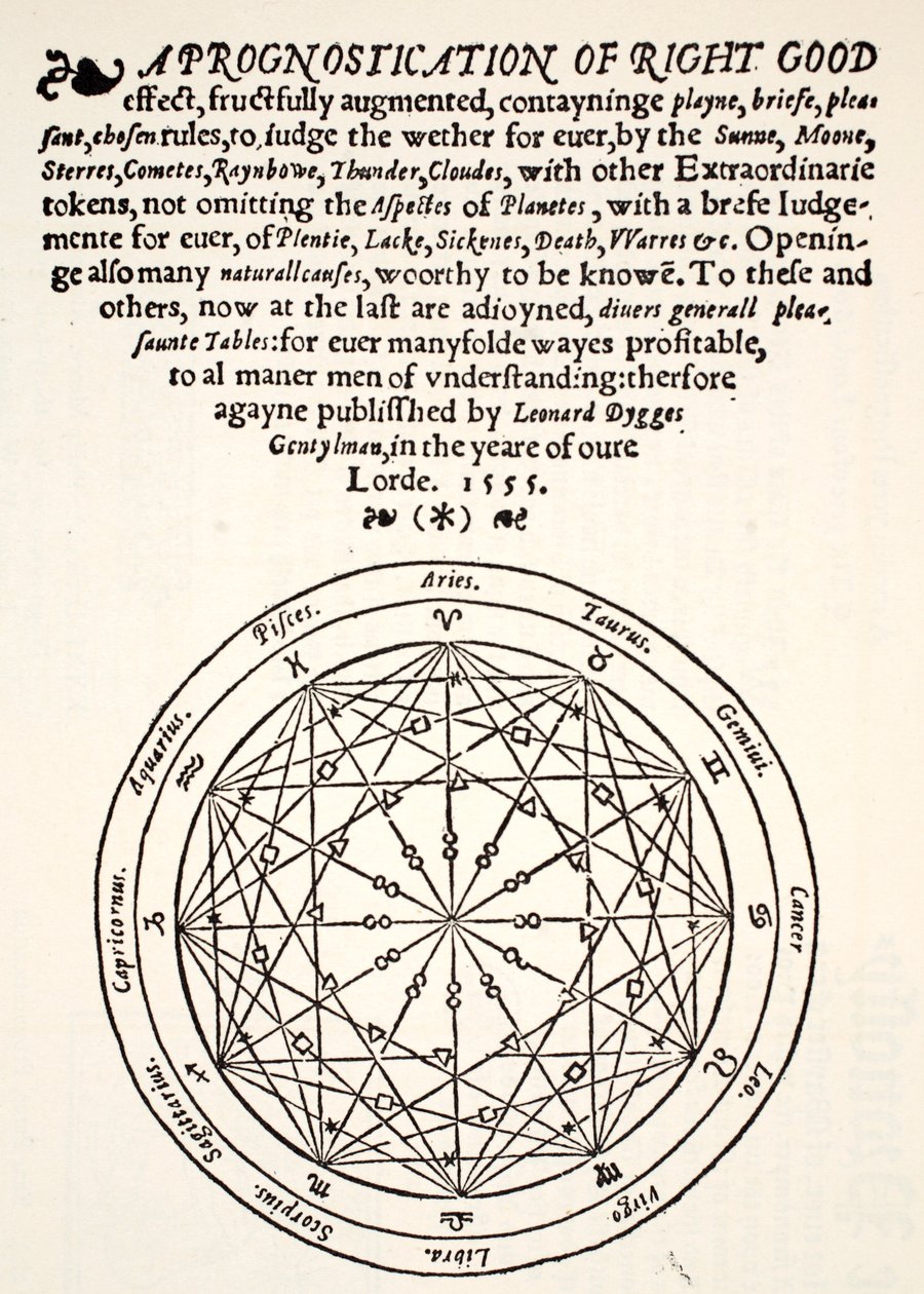 A Prognostication of Right Good, de Leonard Dygges, impresso por Thomas Gemini, Blacke Friars, Londres, 1555 de English School