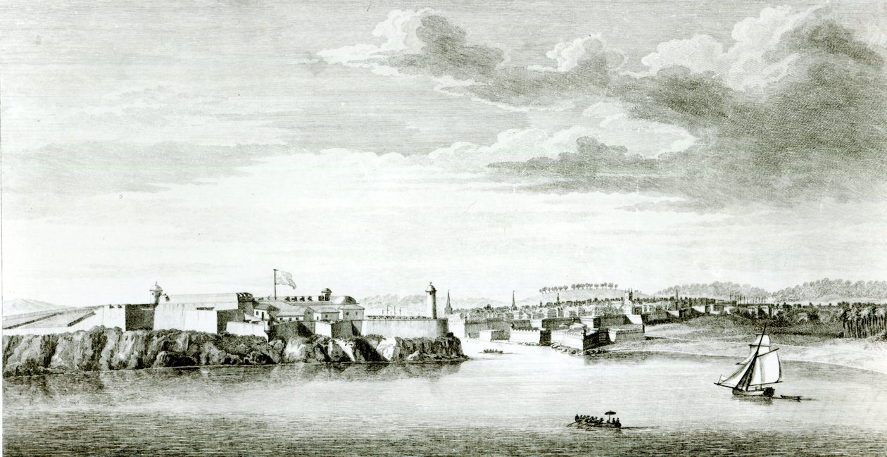 Uma perspectiva do castelo Moro e da cidade de Havana a partir do mar, gravada por Pierre Charles Canot a partir de um desenho de um oficial da marinha britânica, 1818 de English School