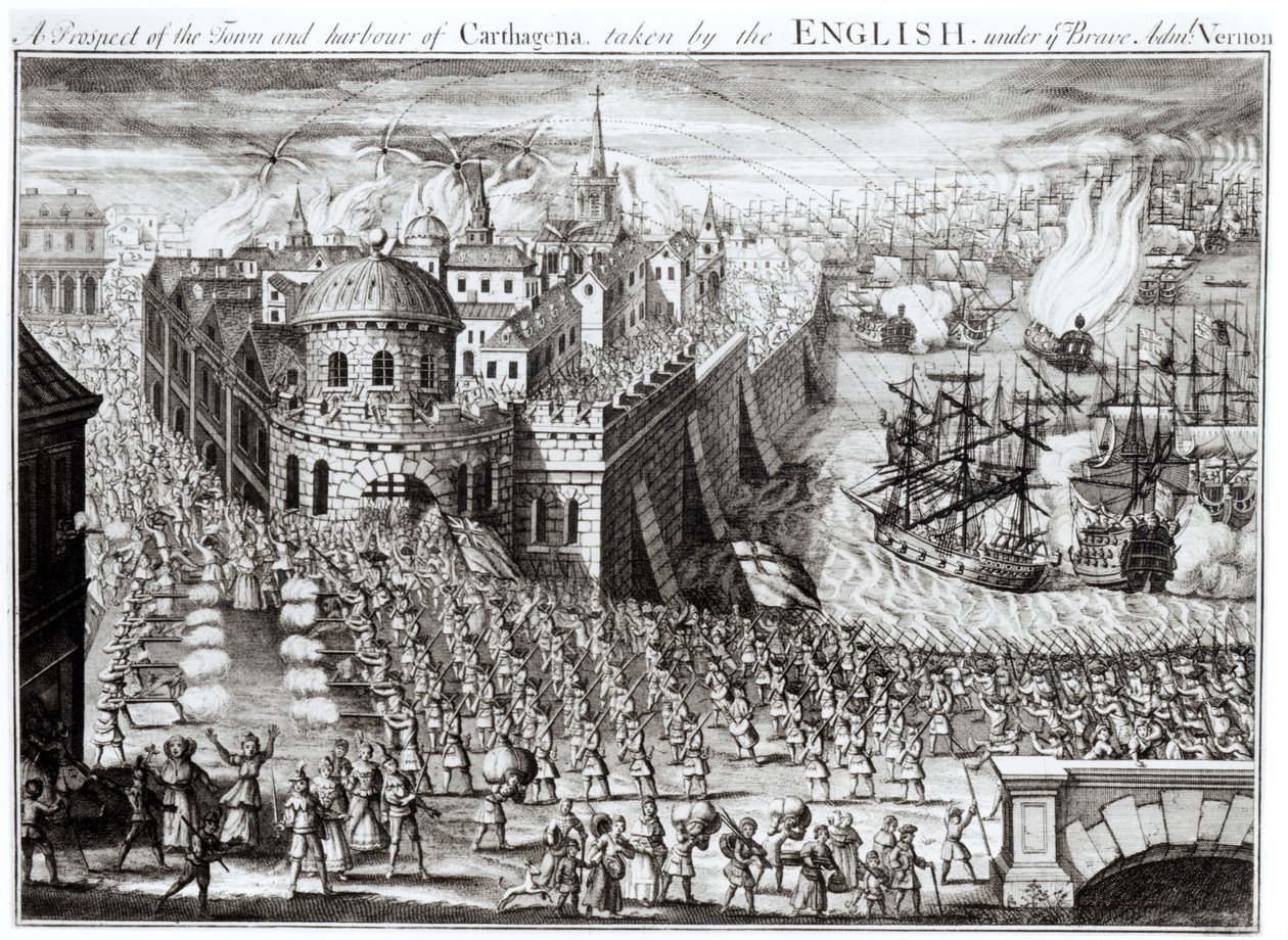 Uma perspectiva da cidade e do porto de Carthagena, tomada pelos ingleses sob o bravo almirante Vernon, 1741 de English School