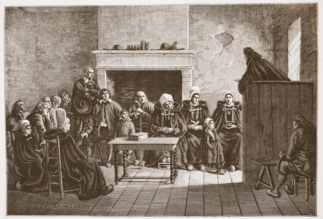 Um pastor protestante dirigindo-se a uma assembléia secreta de huguenotes, ilustração de The History of Protestantism por James Aitken Wylie (1808-1890), pub. 1878 de English School