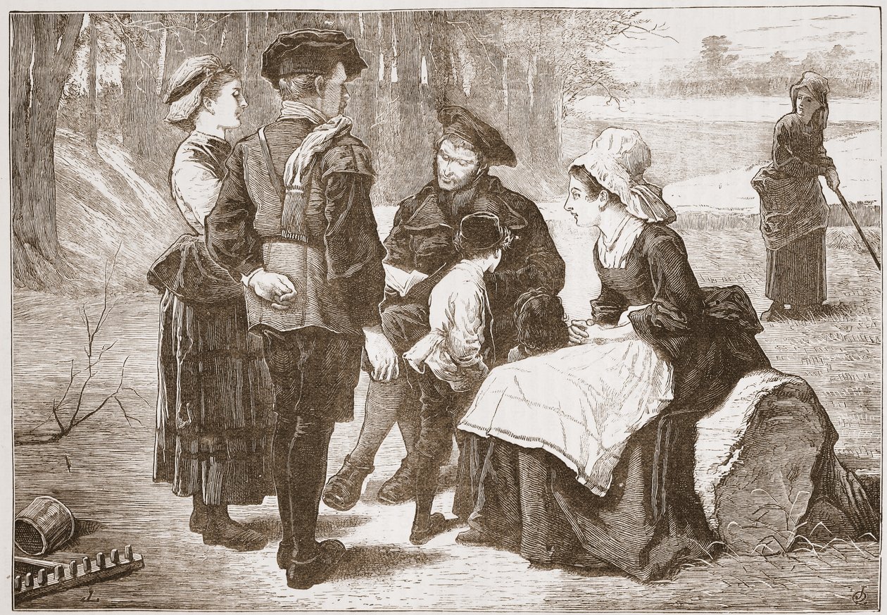 Um trabalhador protestante de Meaux lendo as Escrituras para seus amigos, ilustração da História do Protestantismo por James Aitken Wylie (1808-1890), pub. 1878 de English School