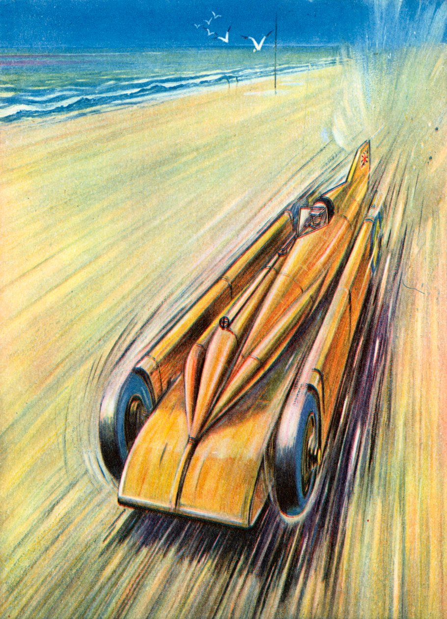 Um carro de corrida "All Out" (litografia a cores) de English School