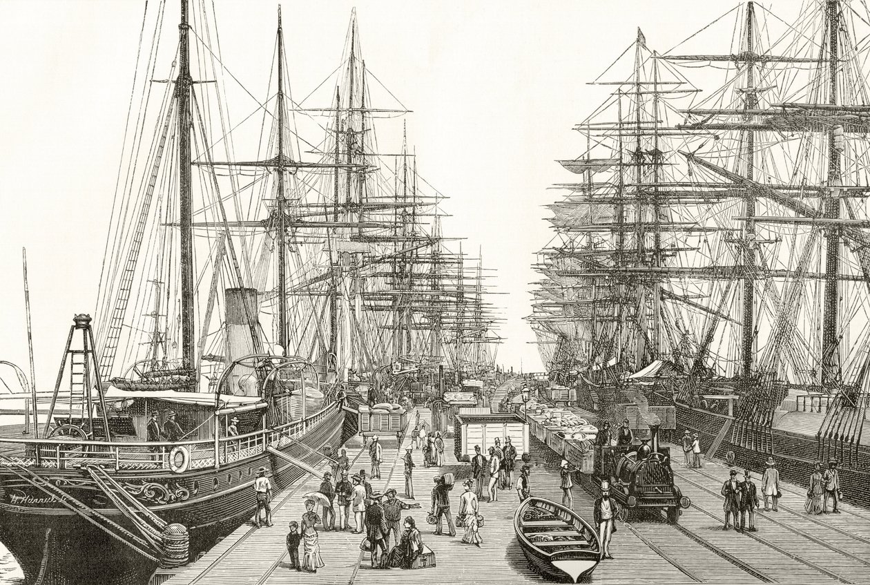 A Railway Pier, em Melbourne, de "Australian Pictures", de Howard Willoughby, publicado pela Religious Tract Society, Londres, 1886 de English School
