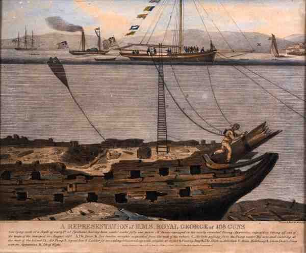 Uma Representação de H.M.S. Royal George de 108 Guns, publicado em 1833 (gravura colorida) de English School