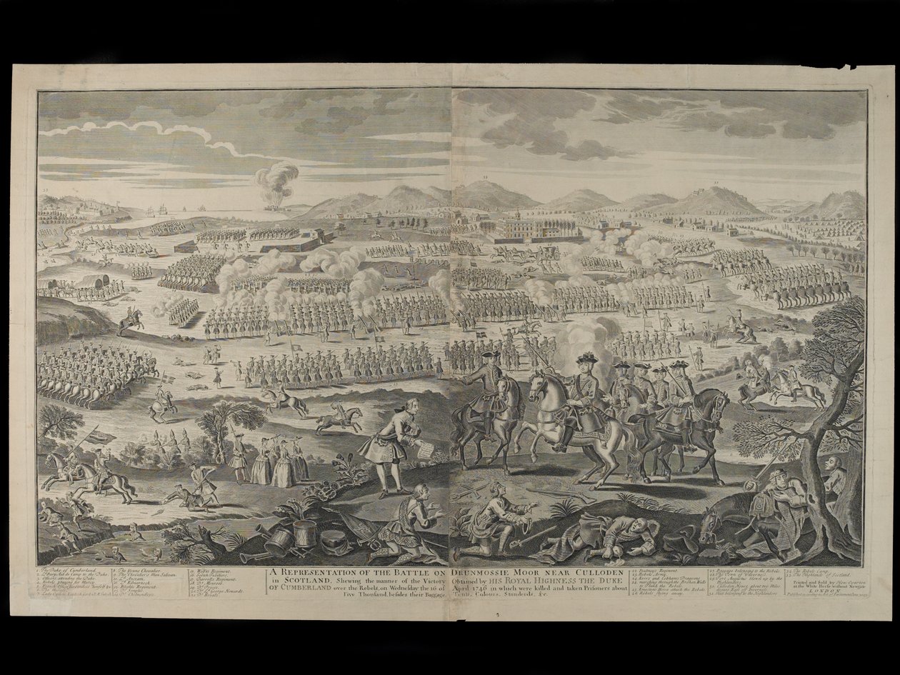 Uma representação da batalha em Drumossie Moor, perto de Culloden, na Escócia, em 16 de abril de 1746, publicado por Henry Overton, em 30 de junho de 1746 de English School