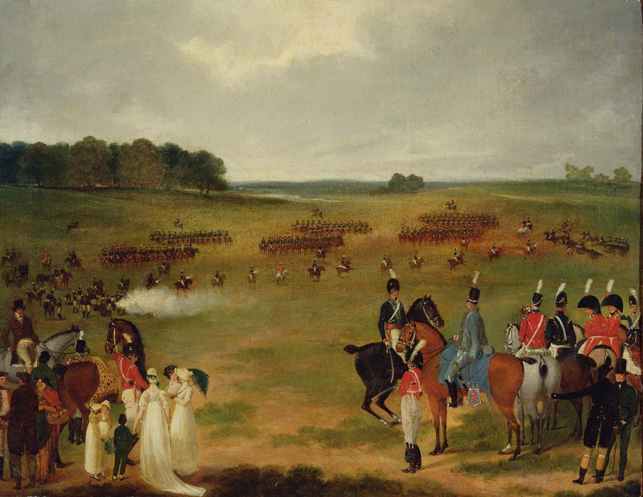 Uma revisão da Cavalaria Voluntária de Londres e da Artilharia Voadora em Hyde Park, em 1804, c.1804 (óleo a bordo colocado no painel) de English School