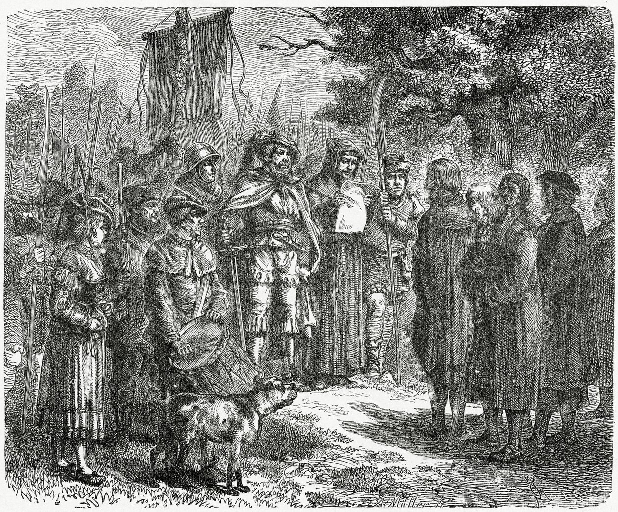 Um cavaleiro ladrão exigindo tributo, 1882 de English School