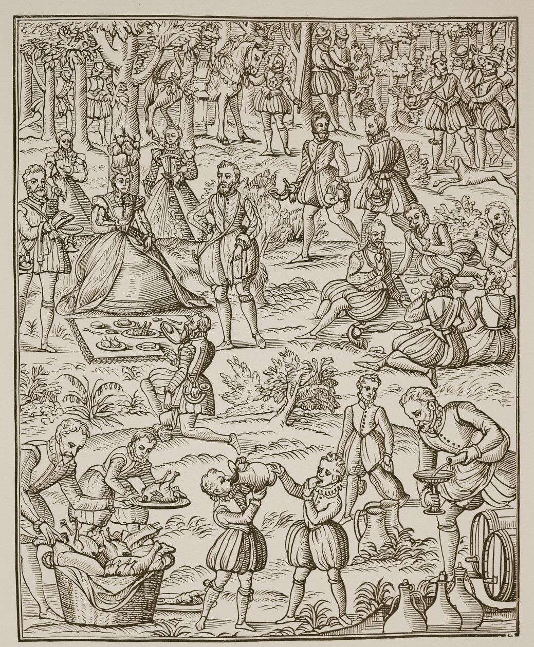 Piquenique Real, prato da Noble Art of Venerie e Hunting de George Turberville, 1575 (foto sépia) de English School