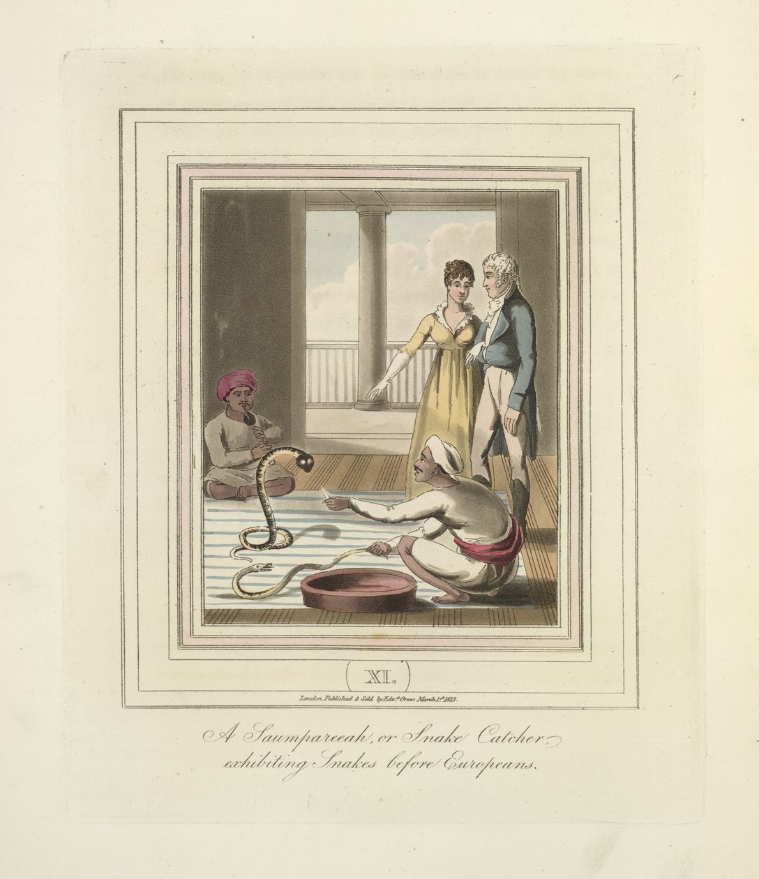 Um Saumpareeah ou Snake Catcher exibindo cobras antes dos europeus, c.1824 (lito colorido) de English School
