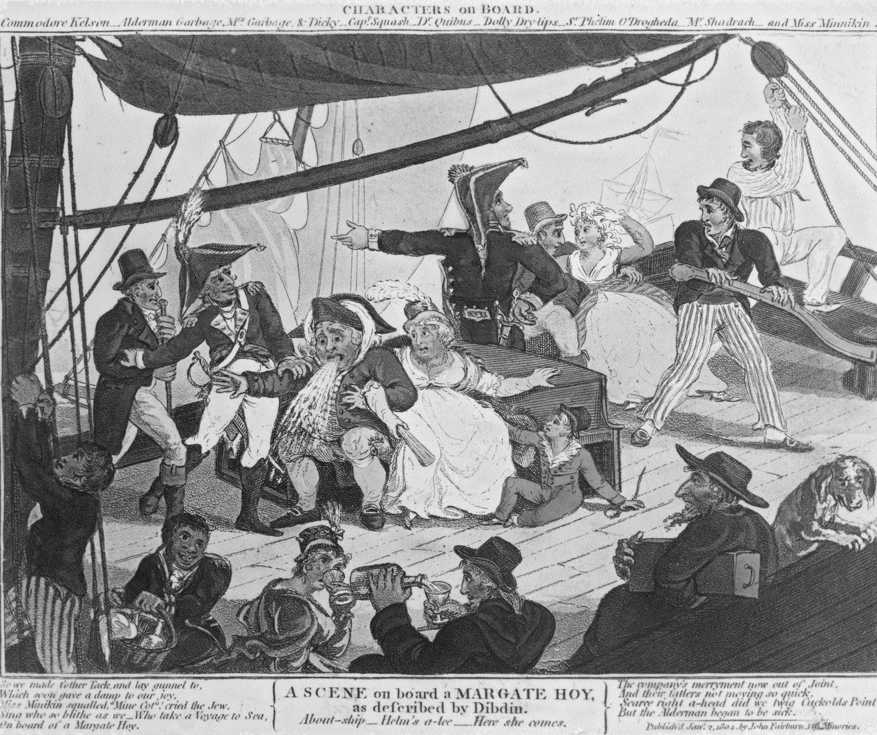 Uma cena a bordo de um Margate Hoy, como descrito por Dibdin, 1804 (gravura colorida à mão) de English School