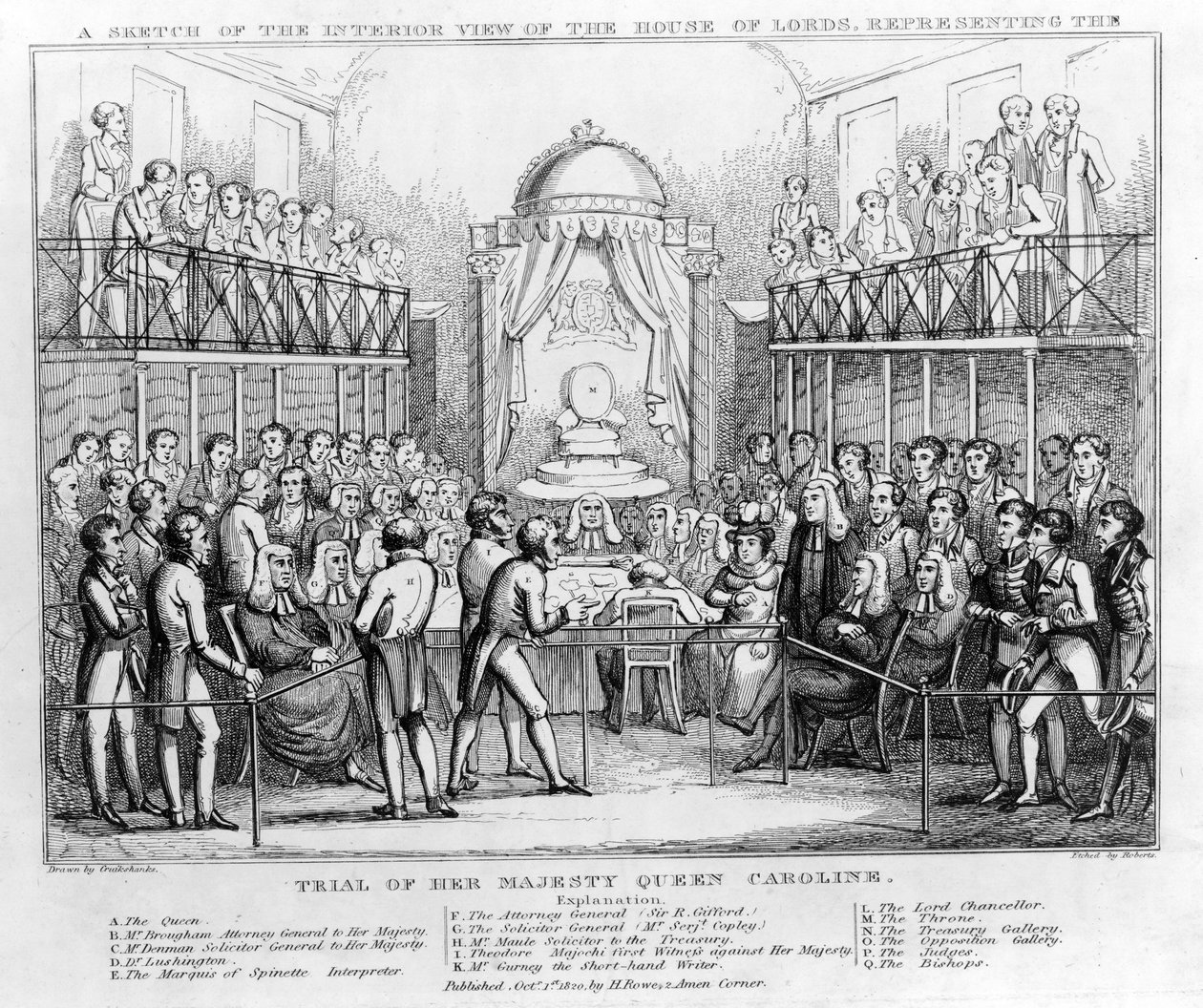 Um Esboço da Vista Interior da Casa dos Lordes, representando o Julgamento de Sua Majestade a Rainha Carolina, pub. 1820 (gravura a preto e branco) de English School