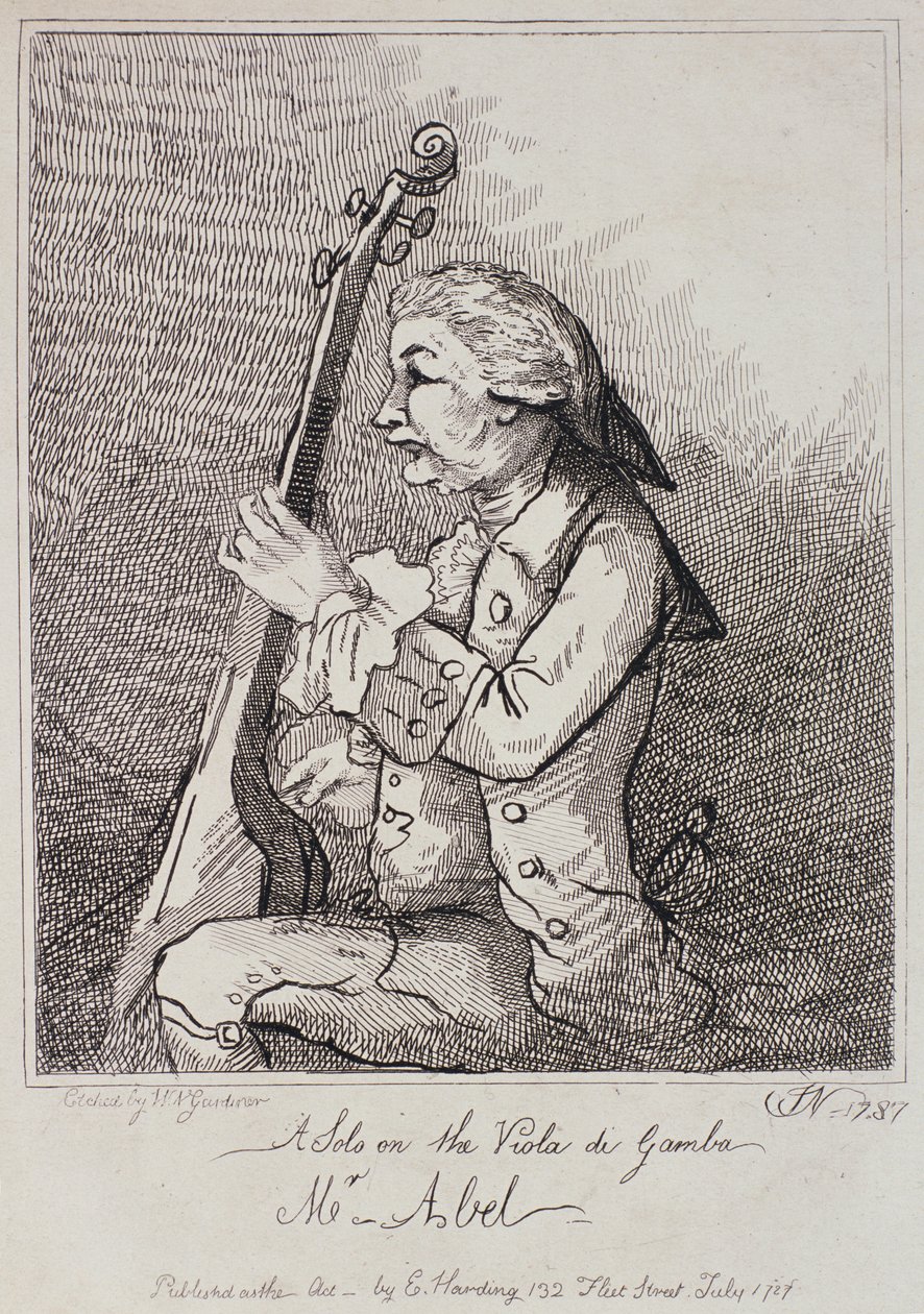 Um solo na Viola da Gamba, Carl Friedrich Abel (1723-1787), gravado por William Nelson Gardiner (1766-1814) 1787 de English School