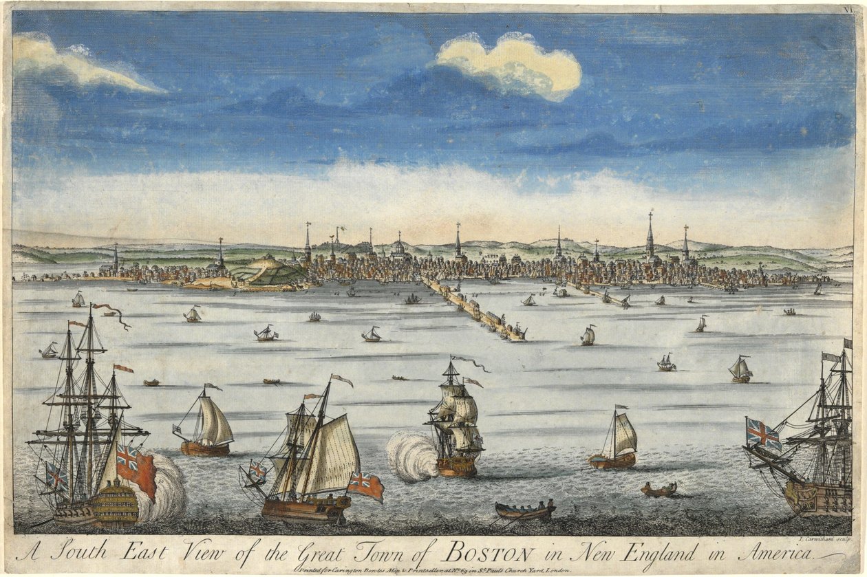 A South East View of the Great Town of Boston in New England, c. 1730 (gravação a cores à mão) de English School