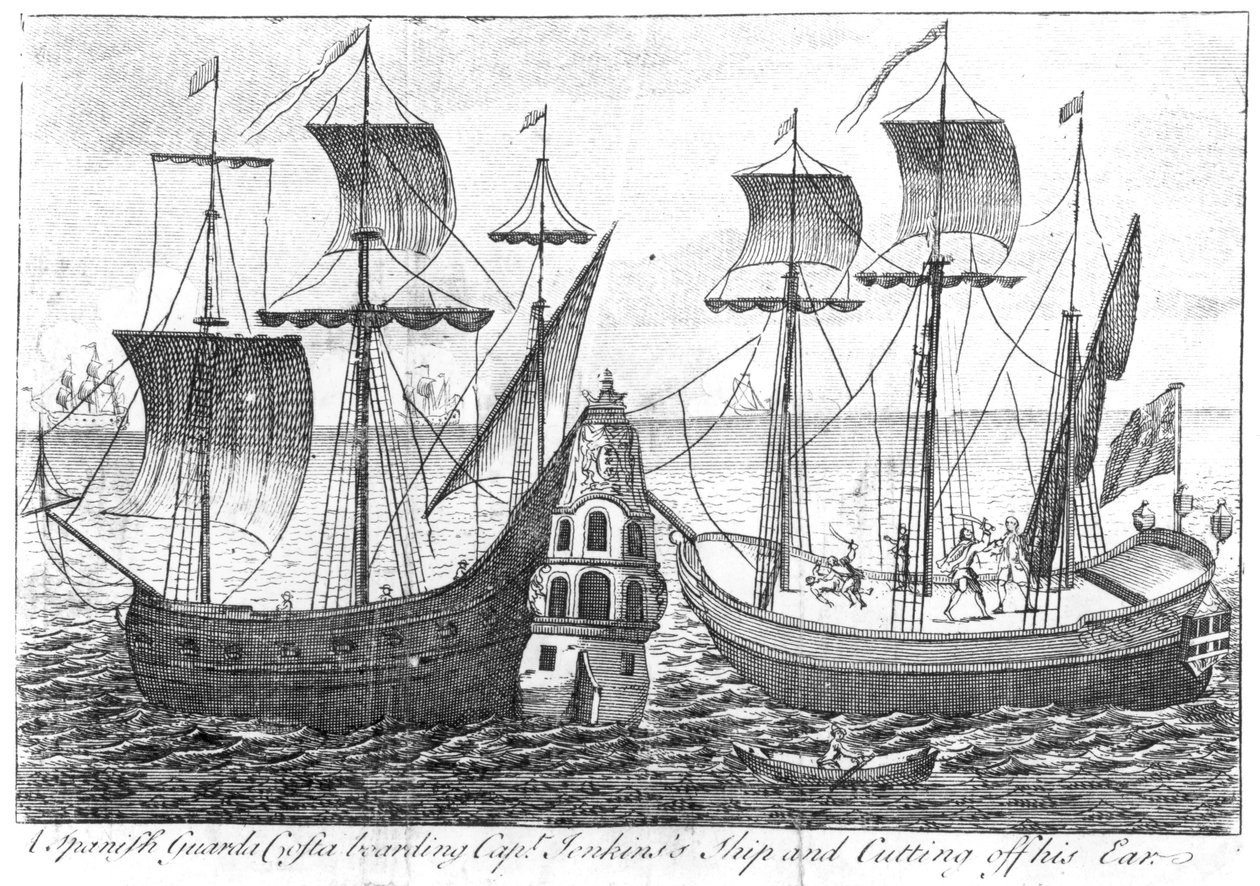 Um espanhol &39;Guarda Costa&39; (Guarda Costeira) embarcando navio do Capitão Jenkin e cortando sua orelha, 1731 de English School