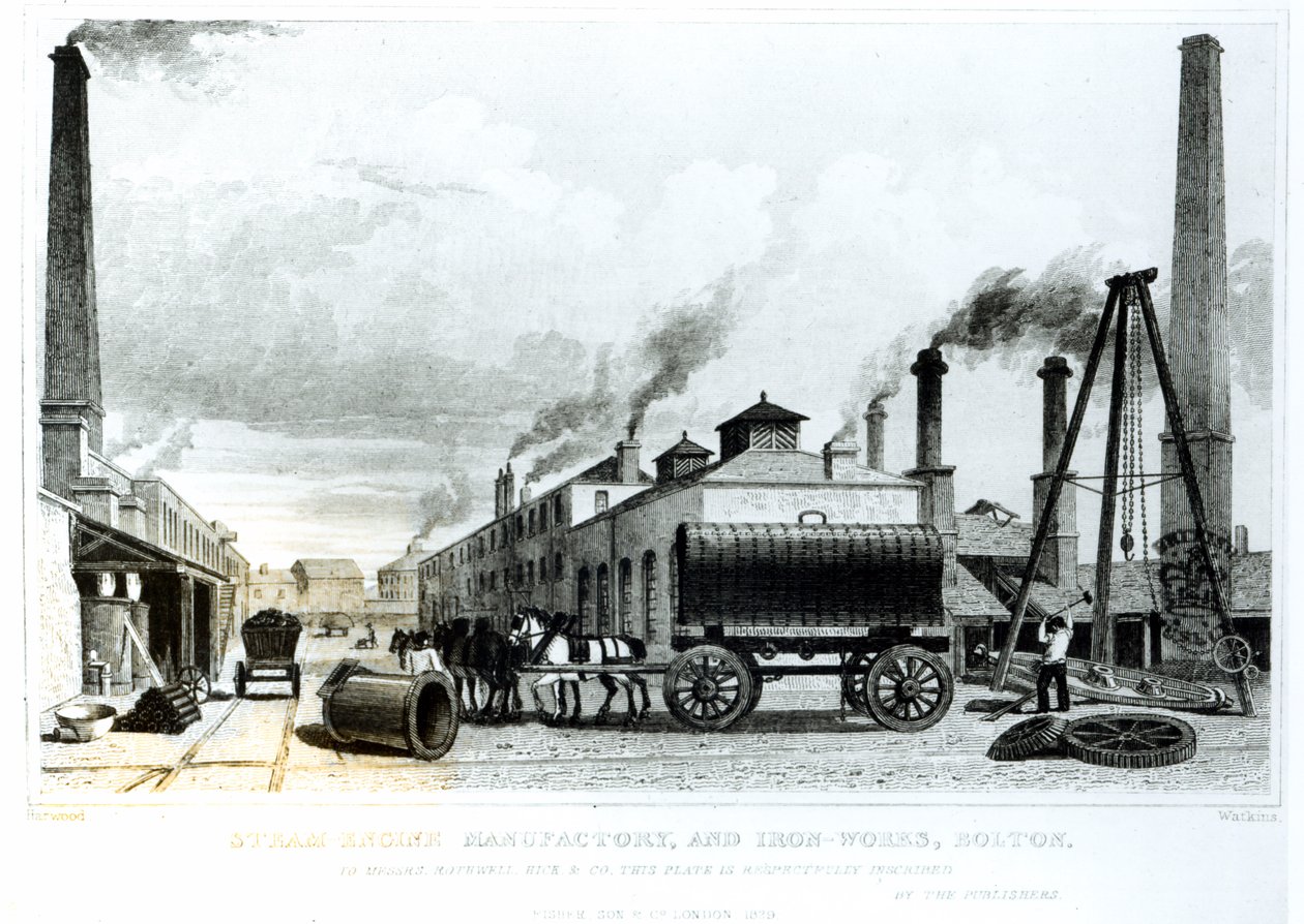 A Manufactory Steam-Engine e Iron Works at Bolton, por Harwood, gravado por Watkins de English School