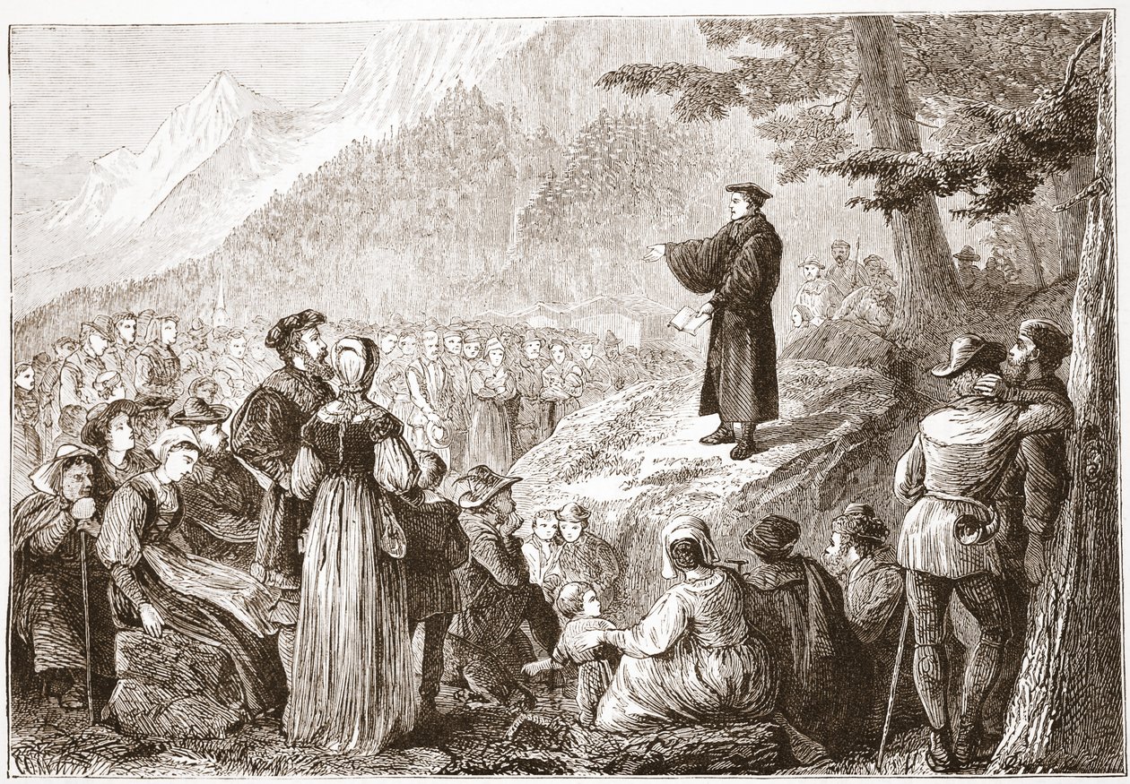 Um reformador suíço que Preaching a seu rebanho no campo aberto, ilustração da história do protestantismo por James Aitken Wylie (1808-1890), bar. 1878 de English School