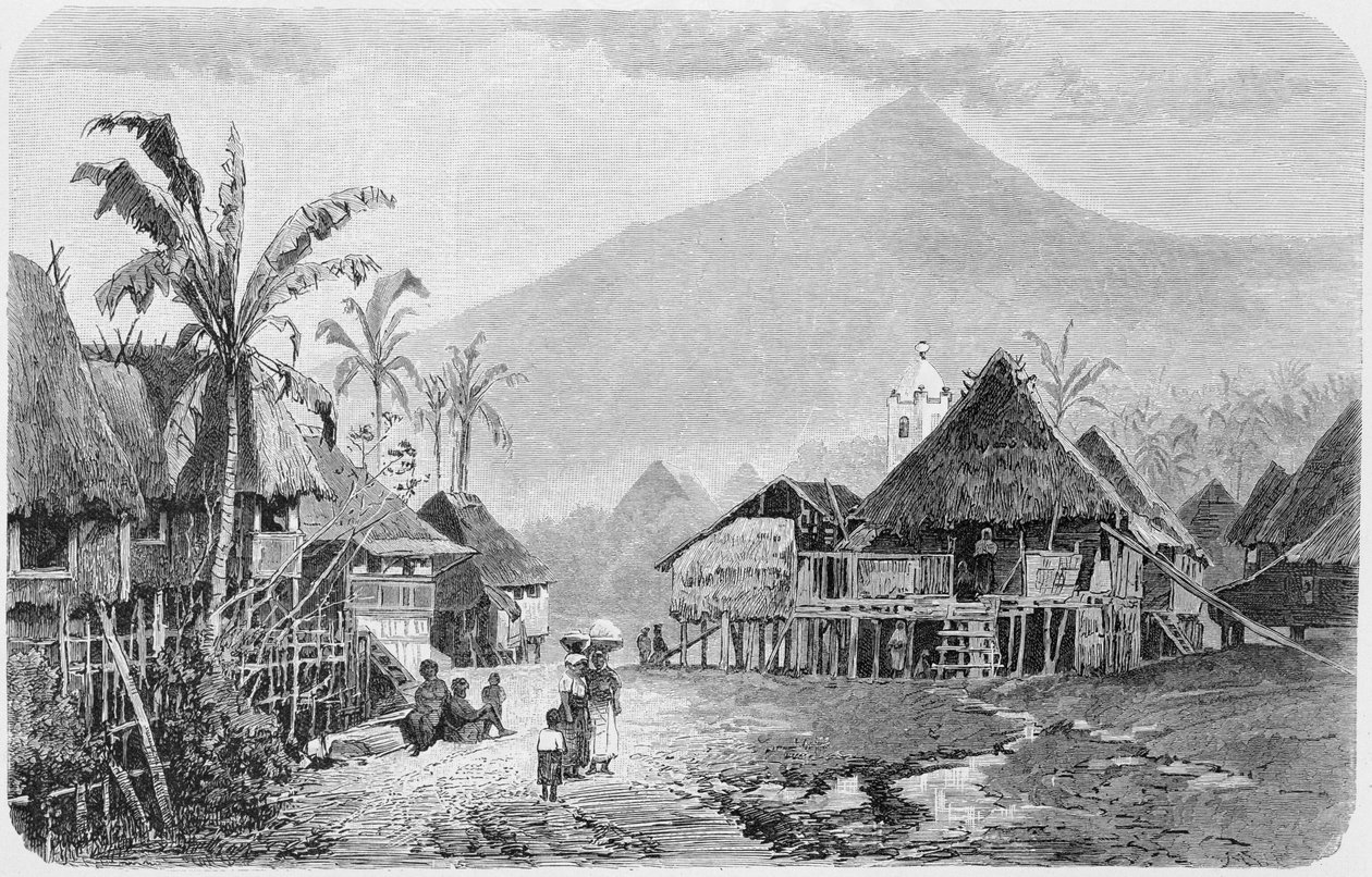 Uma aldeia Tagal, Luzon, nas Filipinas, de "A História da Humanidade", Vol. 1, do Prof. Friedrich Ratzel, 1896 (gravura) de English School