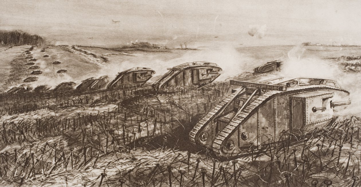 Uma ofensiva de tanques em Cambrai, França, ilustração de &39;The Outline of History&39; por HG Wells, Volume II, publicado em 1920 de English School