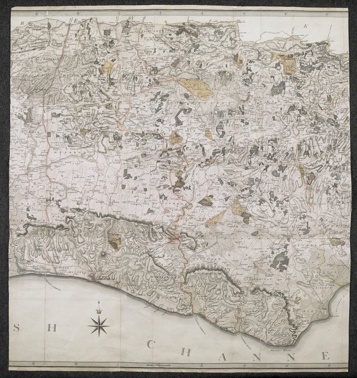 Um mapa topográfico do condado de Sussex, dividido em estupros, reitorias e centenas. Planejado a partir de uma pesquisa real por uma escala de uma polegada a uma milha terrestre de English School