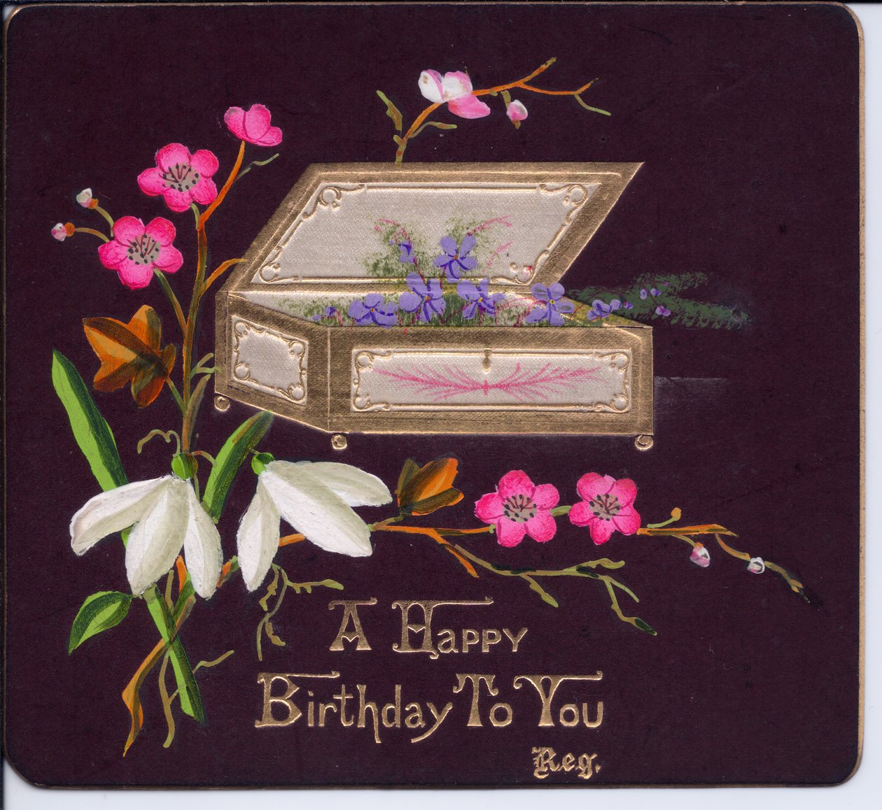 Um cartão de aniversário vitoriano com um caixão de violetas e um spray de snowdrops, por volta de 1880 de English School