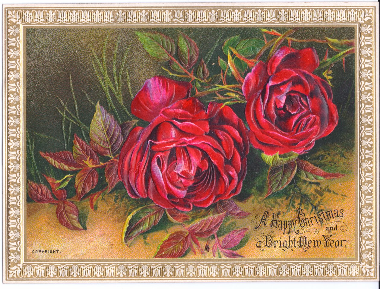 Um cartão de Natal e Ano Novo vitoriano representando duas grandes rosas vermelhas, c.1880 de English School