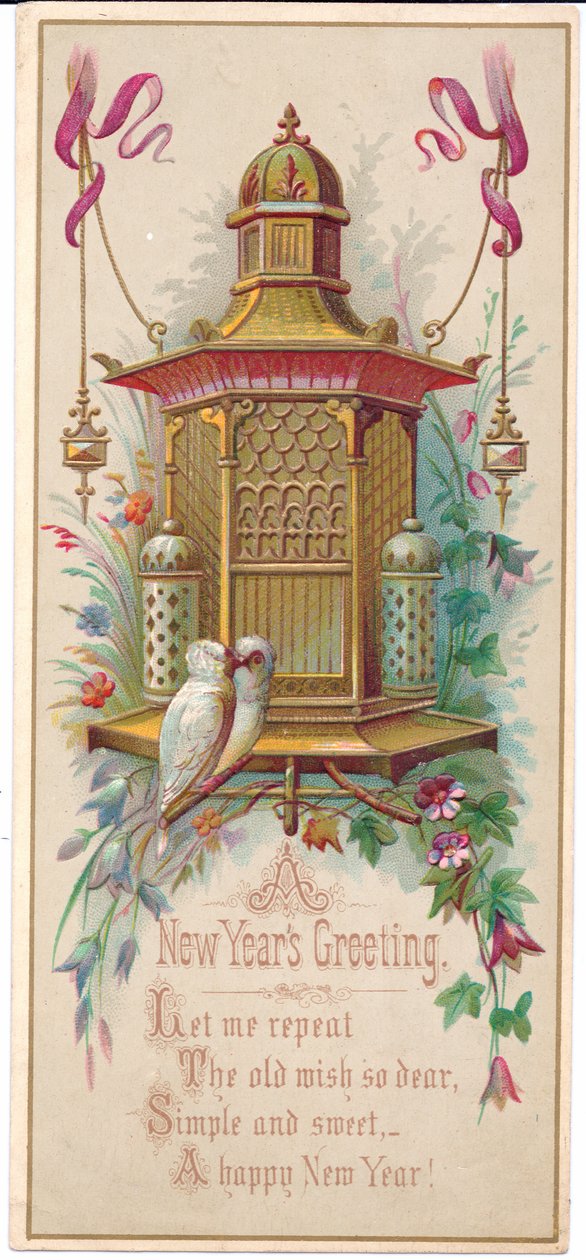 Um cartão de Natal vitoriano representando uma gaiola elaborada com um par de pombinhos, c.1880 de English School