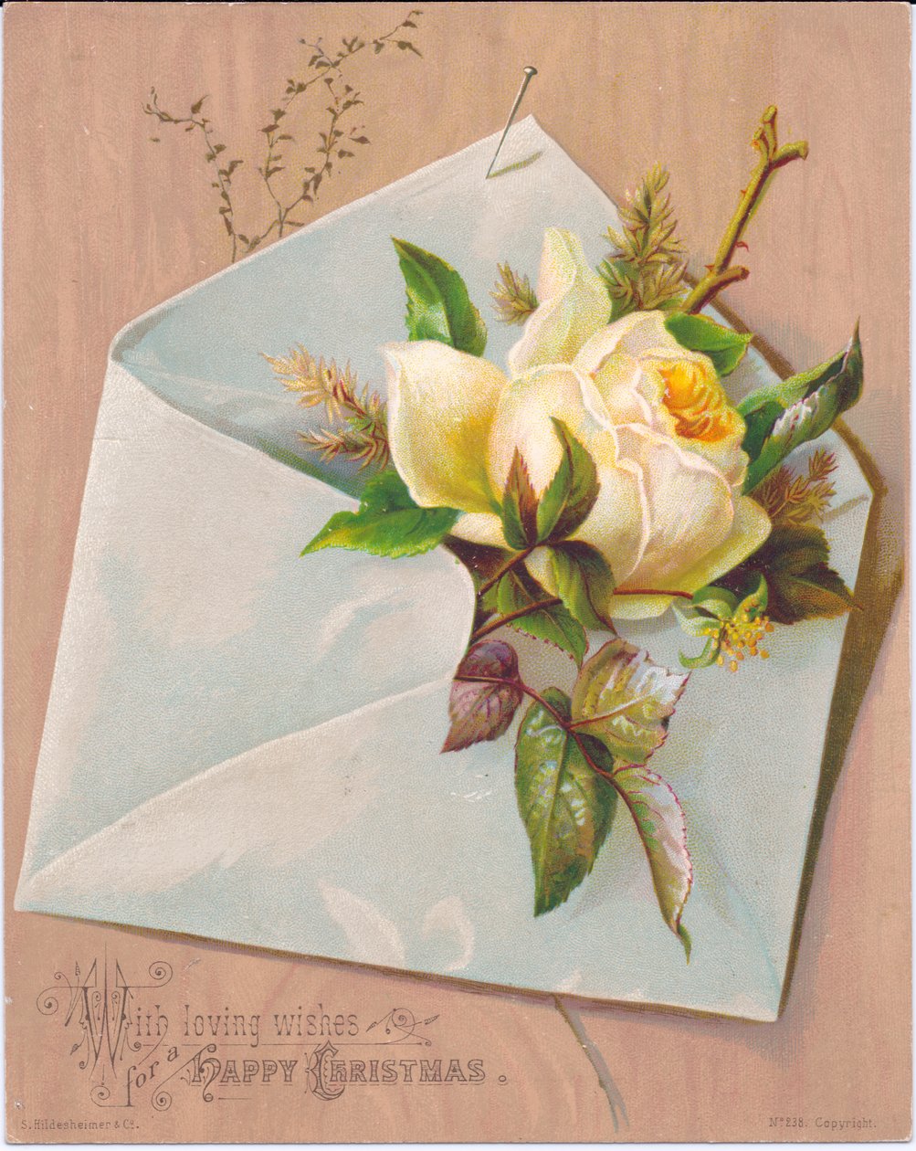 Um cartão de Natal vitoriano com um envelope com uma rosa saindo dele, c.1880 de English School
