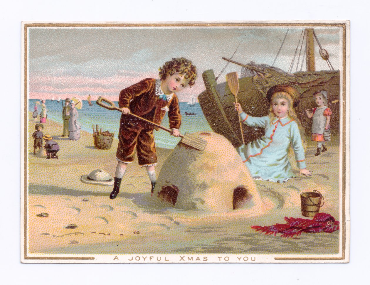 Um cartão de Natal vitoriano de um menino construindo um castelo de areia numa praia, c.1880 (cor litho) de English School