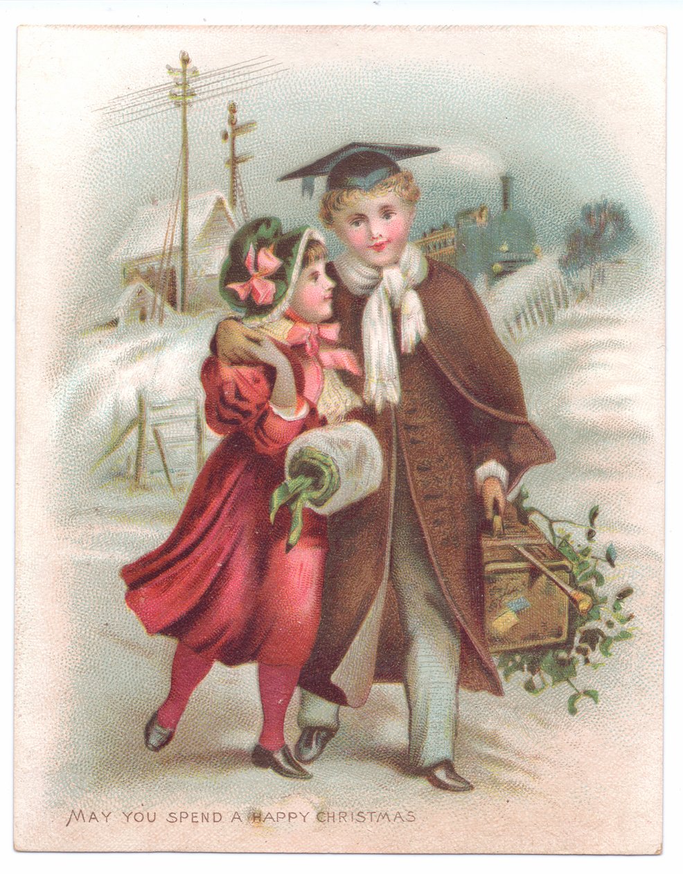 Um cartão de Natal vitoriano de um rapaz que usa uma placa de argamassa com o braço à volta de uma rapariga a caminhar na neve, c.1880 (cor litho) de English School