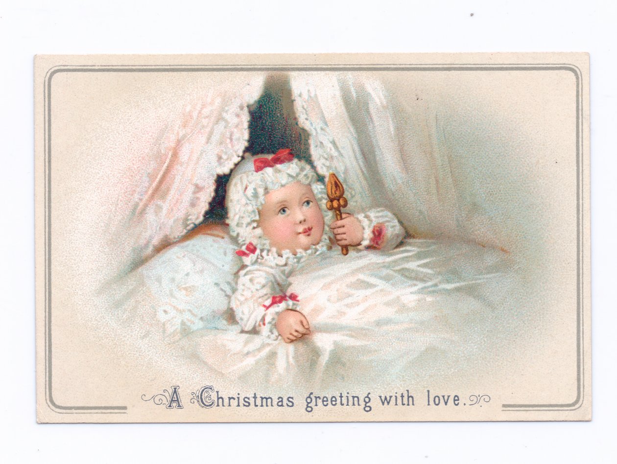 Um cartão de Natal vitoriano de uma criança na cama segurando um guizo, c.1880 (cor litho) de English School