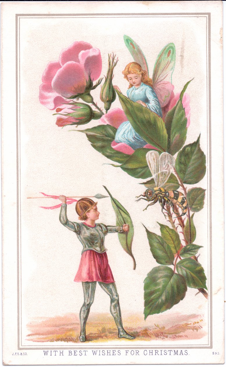 Um cartão de Natal vitoriano de uma fada sentada em uma rosa e outra fada jogando uma lança em uma vespa, c.1880 de English School