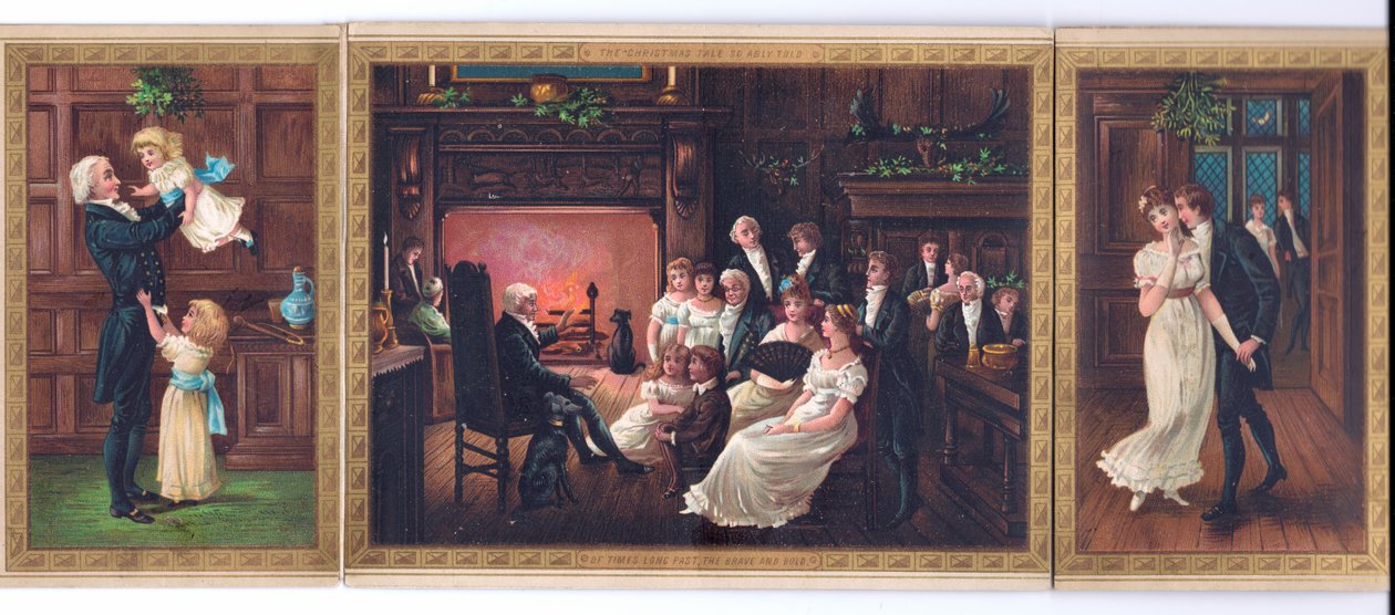 Um cartão de Natal vitoriano de um pai e seus filhos, um pai contando uma história para um grupo familiar e um cavalheiro tentando beijar uma dama sob o erro, c.1880 de English School
