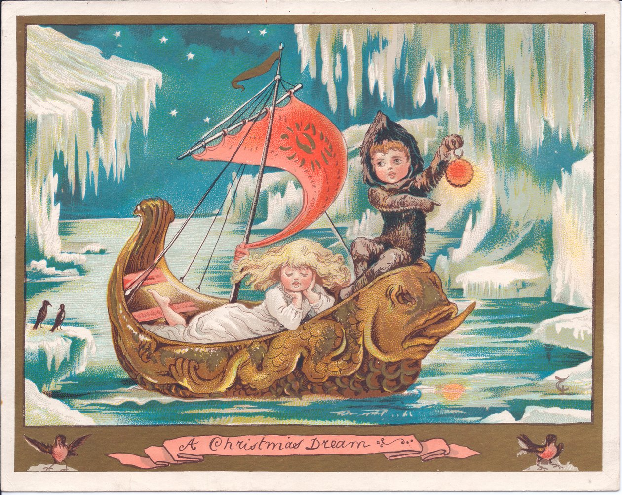 Um cartão de Natal vitoriano de uma fada menina a dormir num barco de golfinhos ornamentado num mar congelado enquanto uma fada rapaz segura uma lâmpada, c.1880 (cor litho) de English School