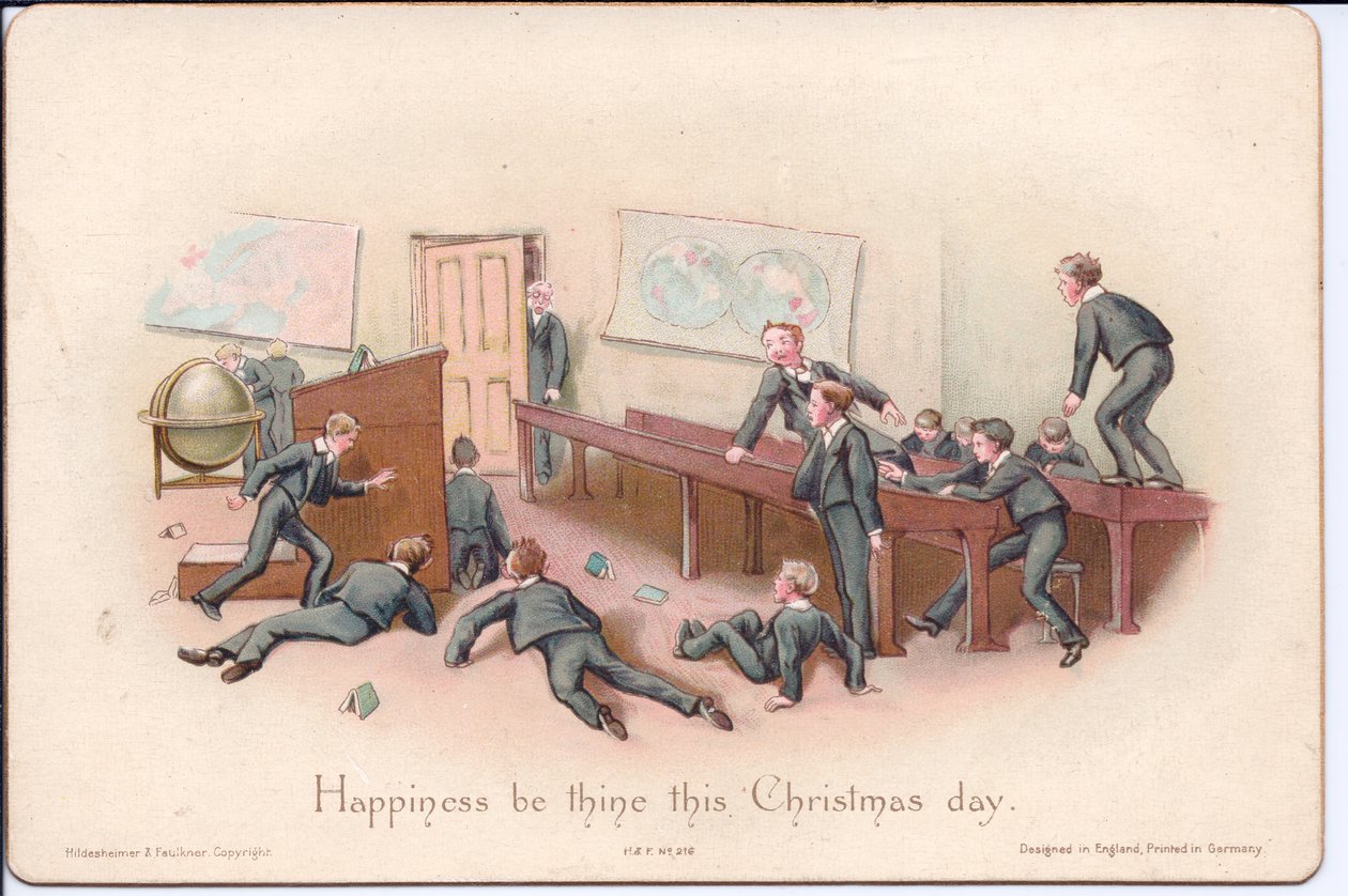 Um cartão de Natal vitoriano de um director que olha para rapazes indisciplinados numa sala de aula, c.1880 (cor litho) de English School