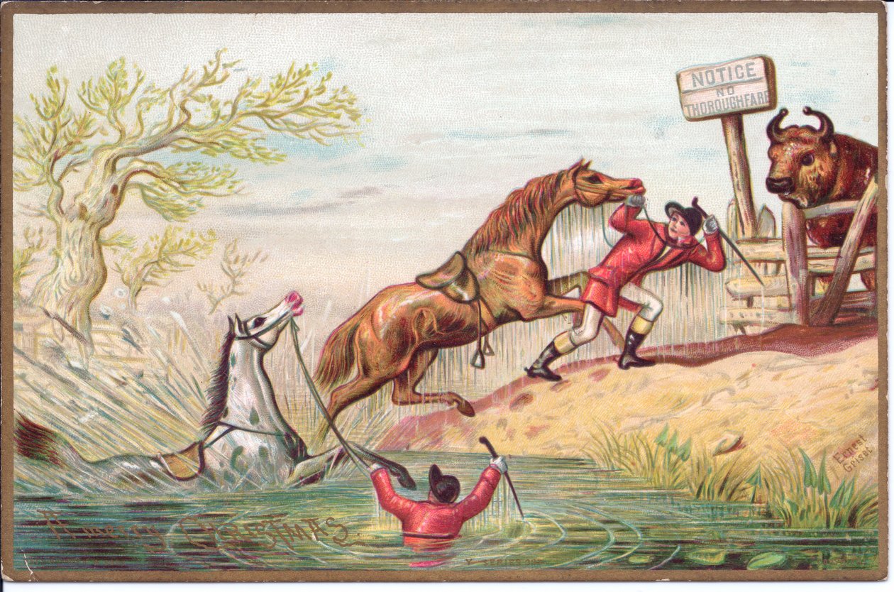 Um cartão de Natal vitoriano de um cavalo a bater na água enquanto o outro é puxado para terra pelo seu cavaleiro, c.1880 (cor litho) de English School
