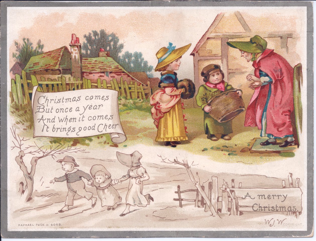 Um cartão de Natal vitoriano de uma mulher idosa com dois filhos numa quinta, c.1880 (cor litho) de English School
