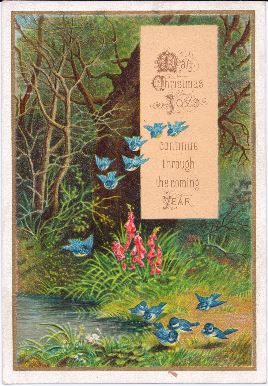 Um cartão de Natal vitoriano de pássaros azuis num cenário de floresta, c.1880 (cor litho) de English School