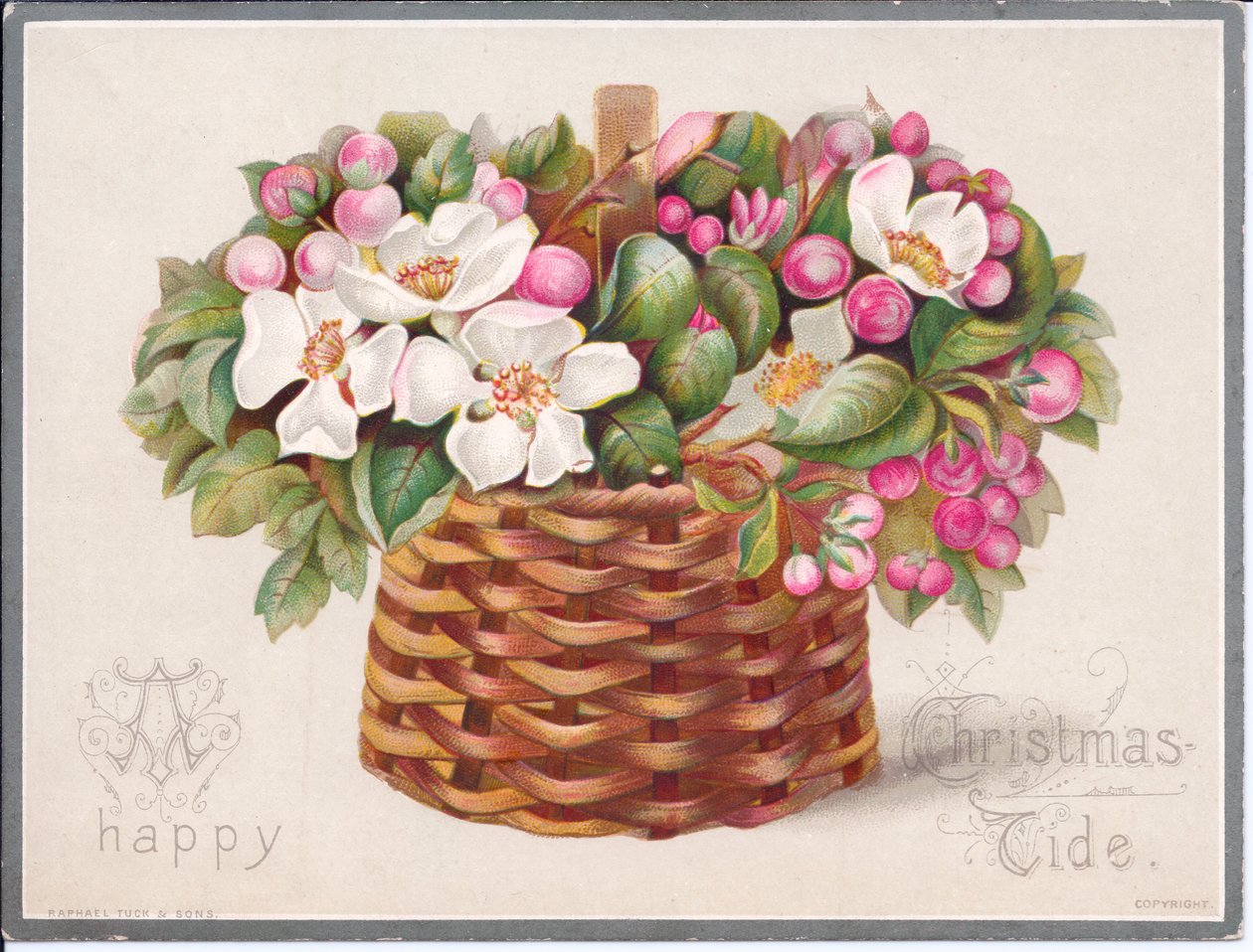 Um cartão de Natal vitoriano com flores e folhas num cesto de vime, c.1880 (cor litho) de English School