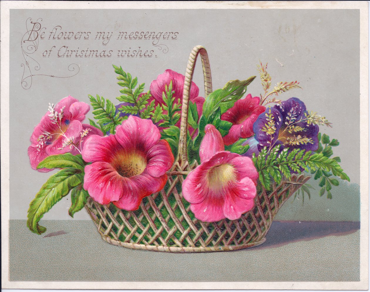 Um cartão de Natal vitoriano com flores numa cesta de vime, c.1880 (cor litho) de English School