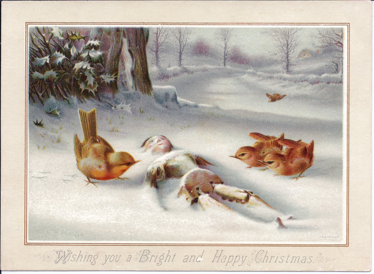 Um postal de Natal vitoriano de robbins a olhar para uma marioneta de madeira na neve, c.1880 (litografia a cores) de English School