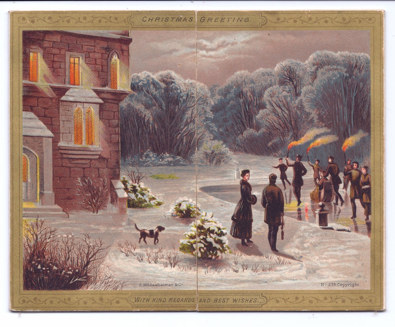 Um cartão de Natal vitoriano de skatistas com tochas flamejantes patinando em um lago congelado na frente de uma mansão com espectadores e um cachorro, c.1880 de English School