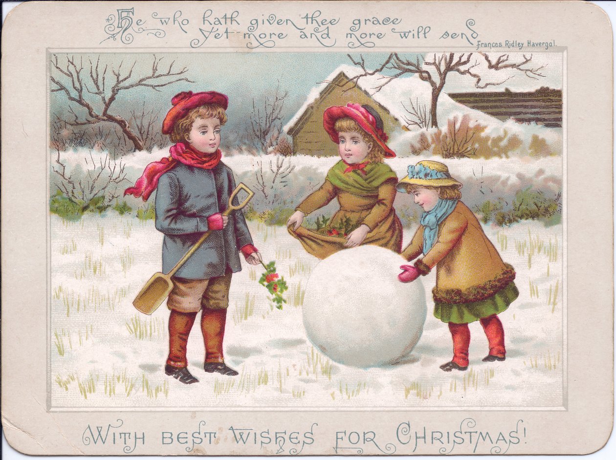 Um postal de Natal vitoriano com três crianças a brincar com uma grande bola de neve, c.1880 (litografia a cores) de English School