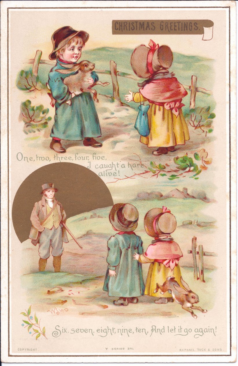 Um cartão de Natal vitoriano de duas crianças com lebre, c.1880 (cor litho) de English School