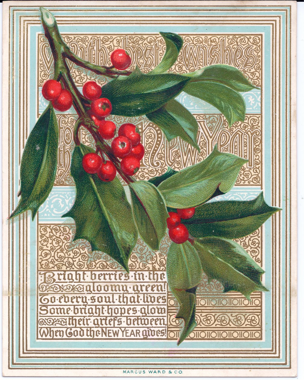 Um cartão de Natal vitoriano com um ramo de azevinho cobrindo um verso. Publicado por Marcus Ward, c.1880 de English School