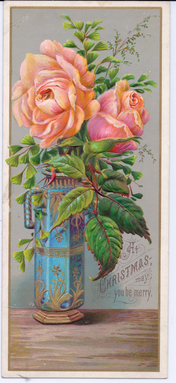 Um postal de Natal vitoriano com rosas numa jarra azul, c.1880 (litografia a cores) de English School