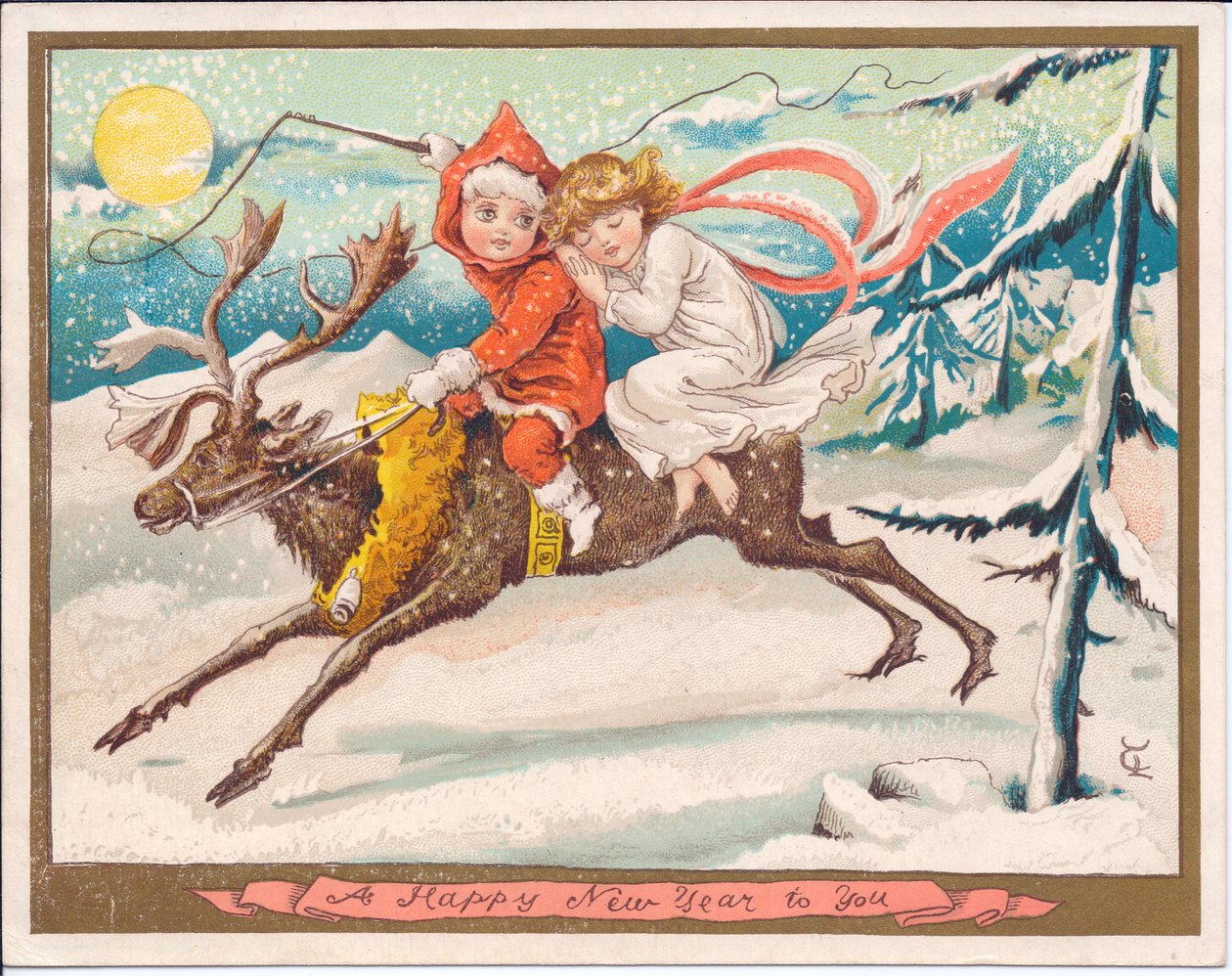 Um cartão de Ano Novo vitoriano de uma fada de meninas e meninos que passeia com uma rena numa noite de neve iluminada pela lua, c.1880 (cor litho) de English School
