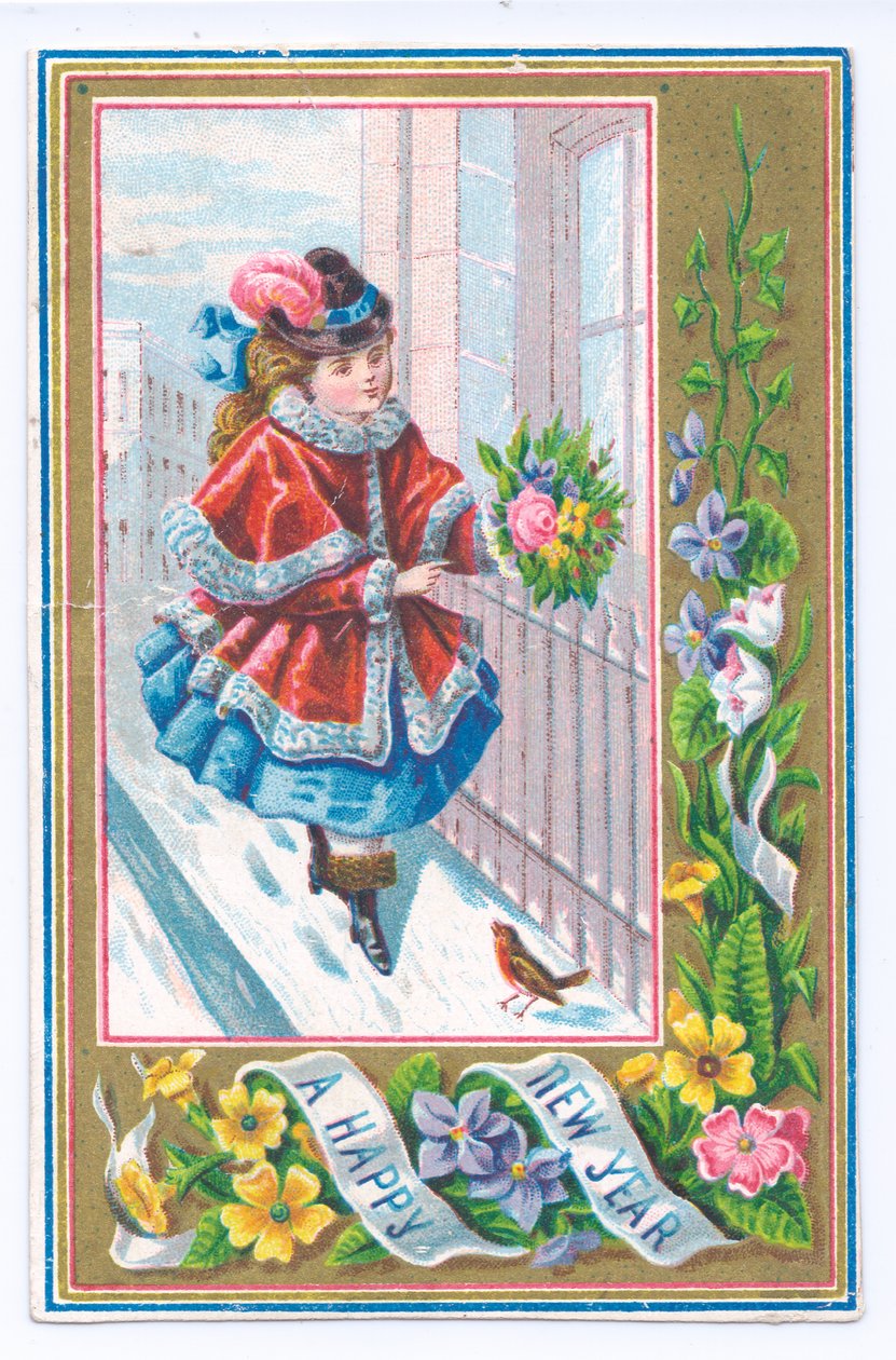 Um cartão de Ano Novo vitoriano de uma menina vestida com uma capa forrada de pêlo segurando um ramo de flores caminhando na neve, c.1880 (cor litho) de English School