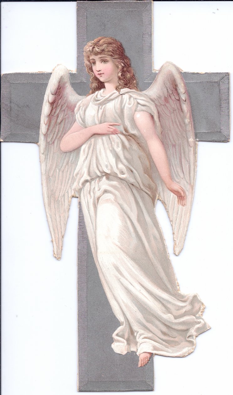 Um relevo de papel vitoriano de um anjo em frente a uma cruz, c.1880 (litografia a cores) de English School
