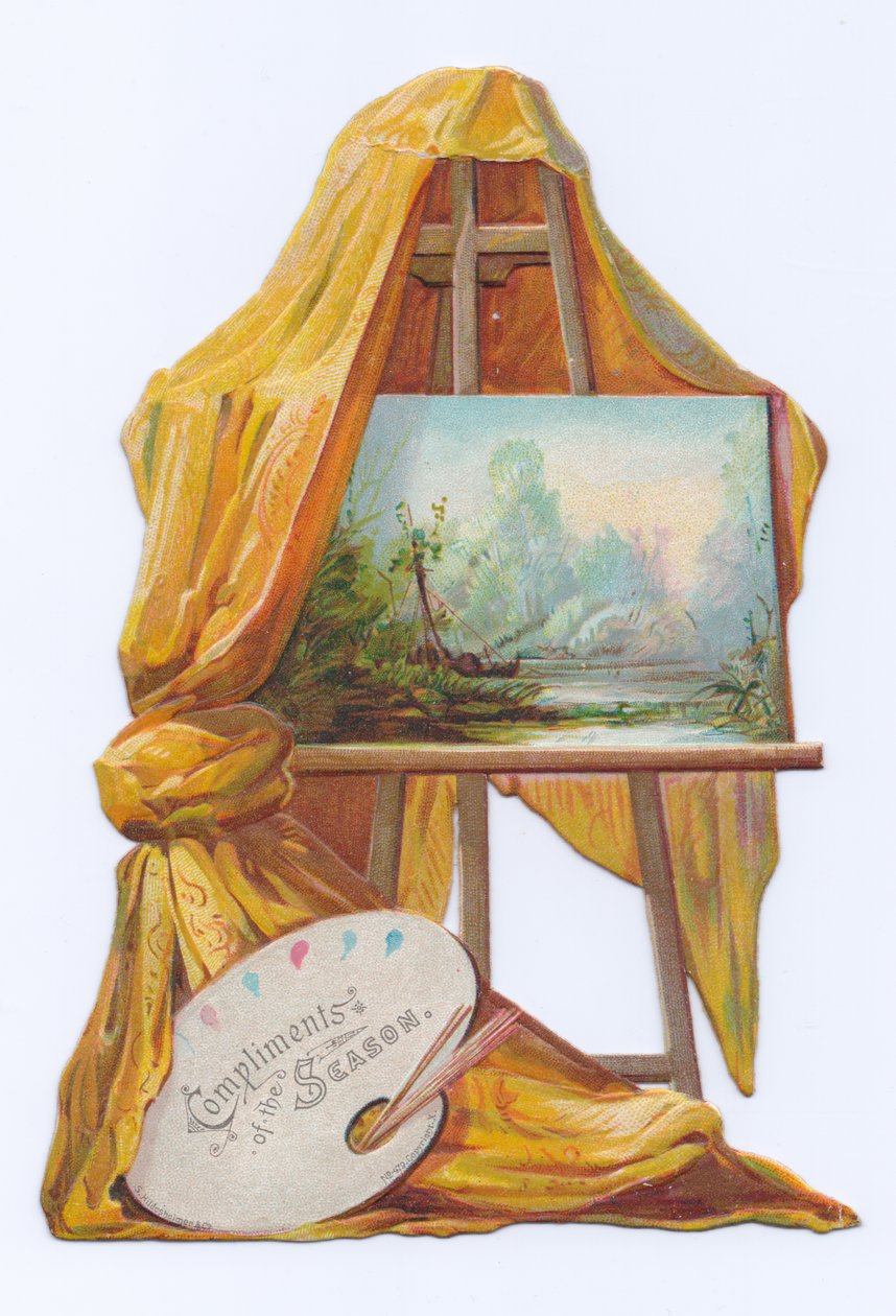 Um cartão vitoriano recortado com a forma de um quadro num cavalete de artista com uma cortina sobre ele, c.1880 (litografia a cores) de English School